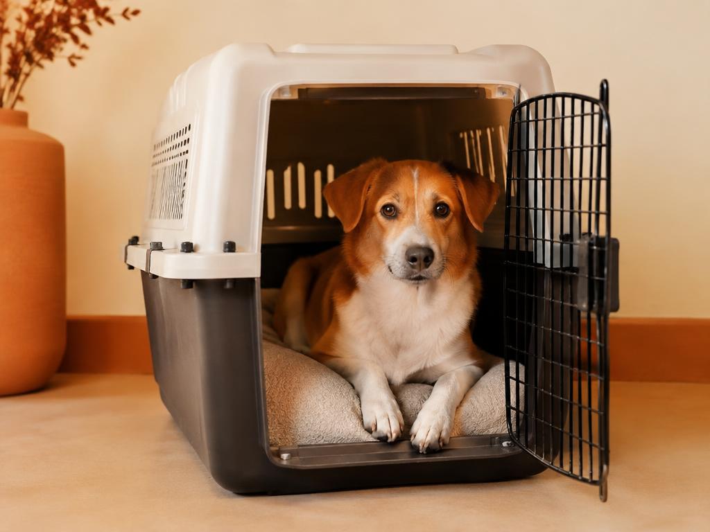 Perro tranquilo dentro de un kennel rígido