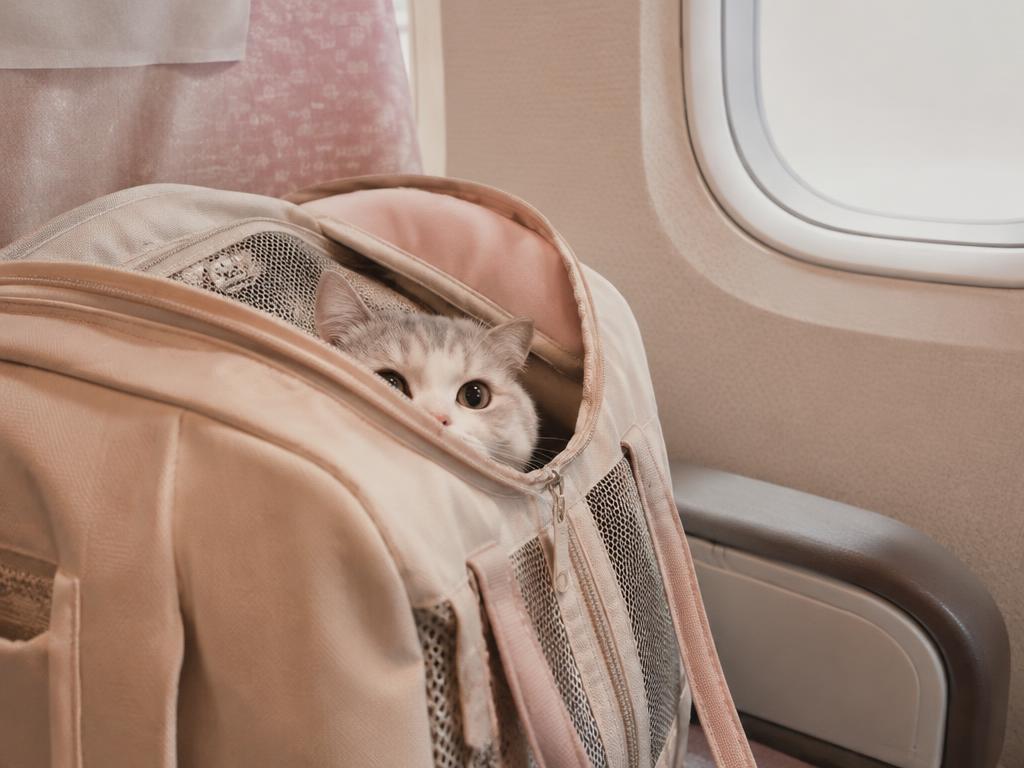 Gato asomándose de un transportín flexible en un avión